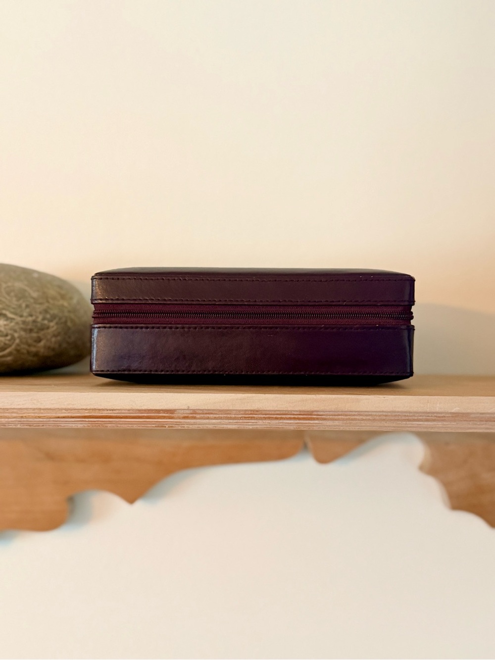 Vintage Leather Zip-Around Travel Jewelry Organizer Portfolio - Burgundy